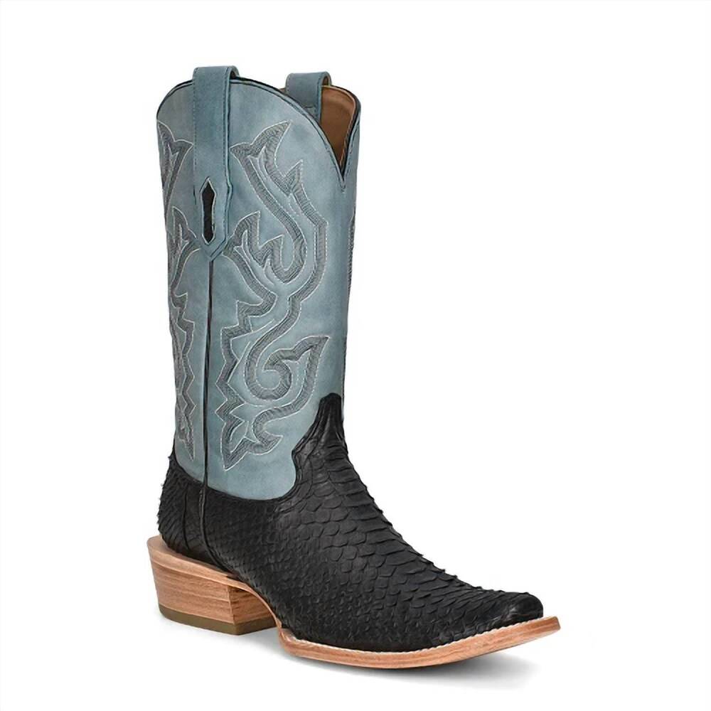 NEW CORRAL men's python embroidery square toe boots in black blue